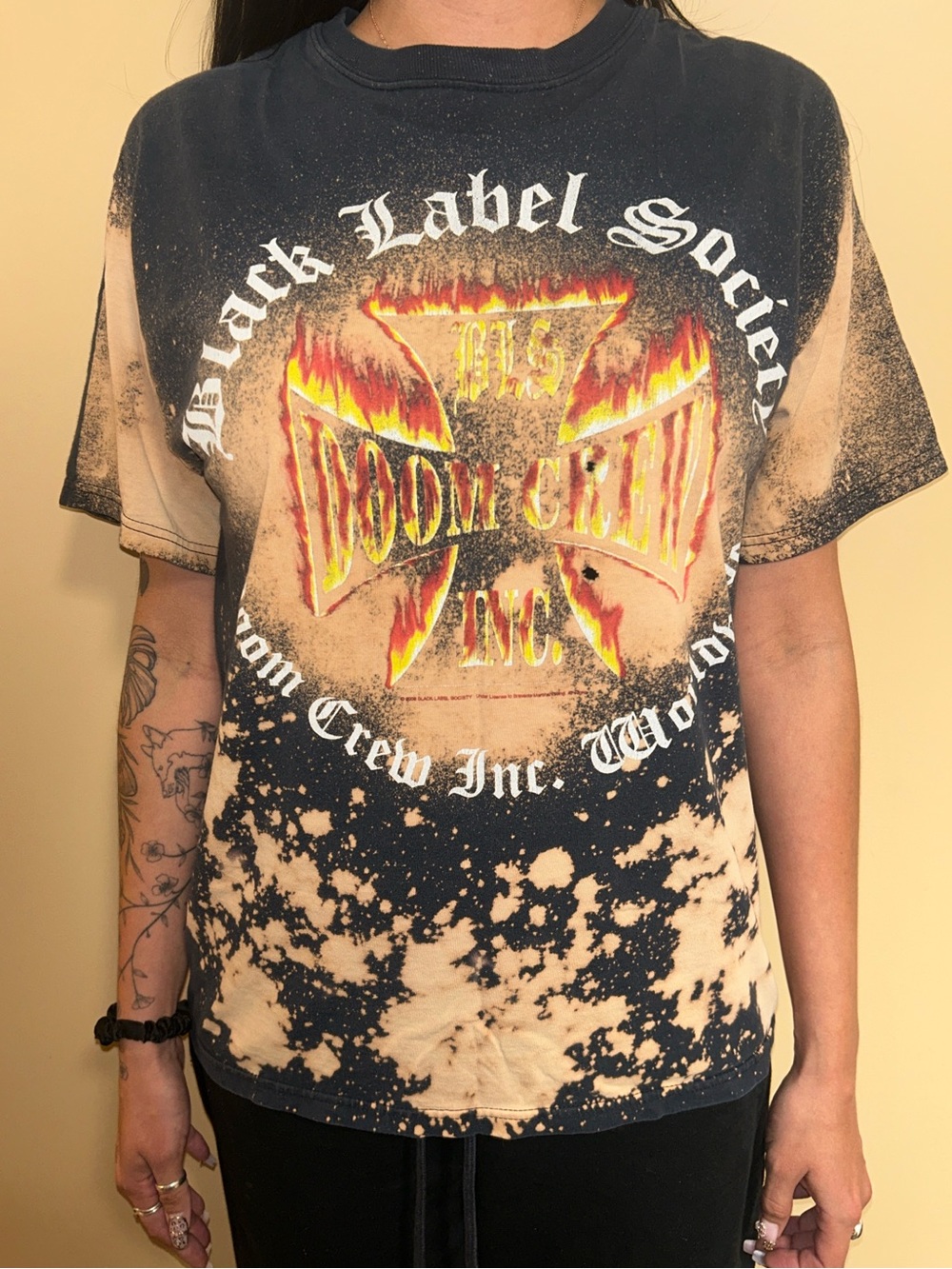 Black Label Short-Sleeve Tee with Bleach Tie-Dye and Flaming Cross Graphic